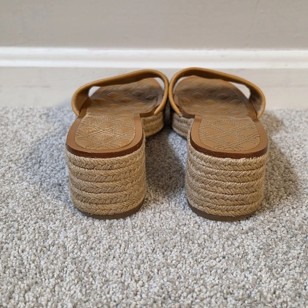 Tory Burch Fleming Espadrille Tan Leather Logo Slides Sandals Womens Size 7.5